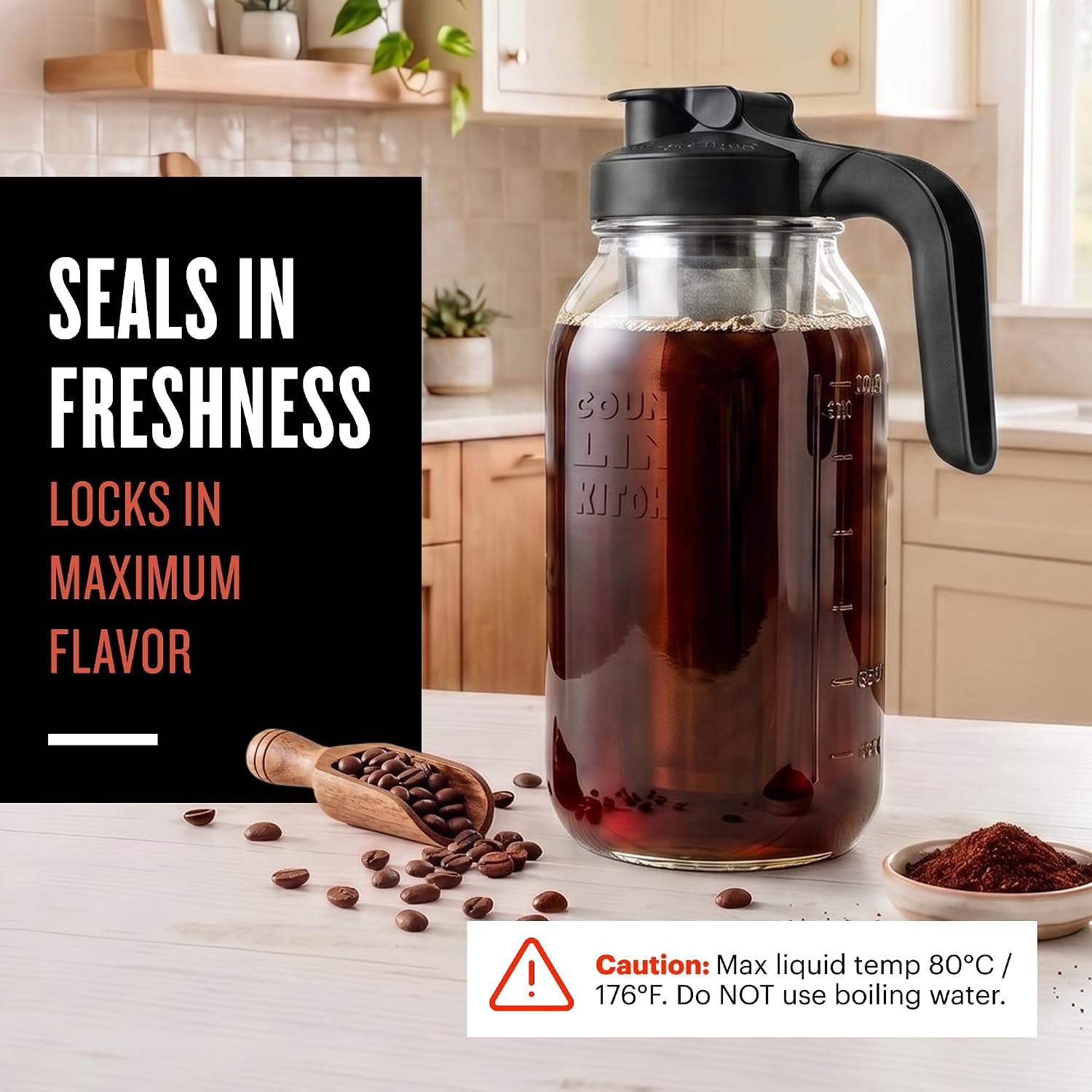 64oz Cold Brew Coffee Maker with Leak Proof Lid - Black | Glass Cold Brew Coffee Maker - Wide Mouth Mason Jar