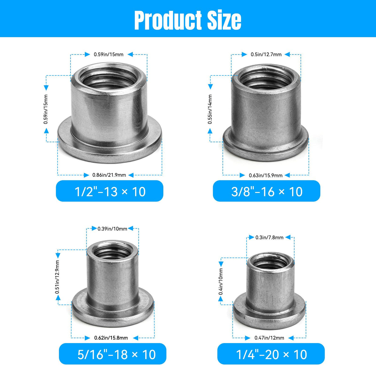 JERBOR 40PCS T-Shaped Weld Nuts, 4 Size 1/4"-20, 5/16"-18, 3/8"-16, 1/2"-13
