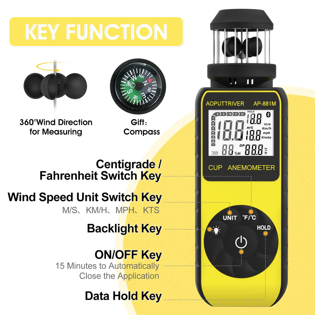Handheld Anemometers,AOPUTTRIVER 881M Wind Cup 93MPH Air Velocity Meter