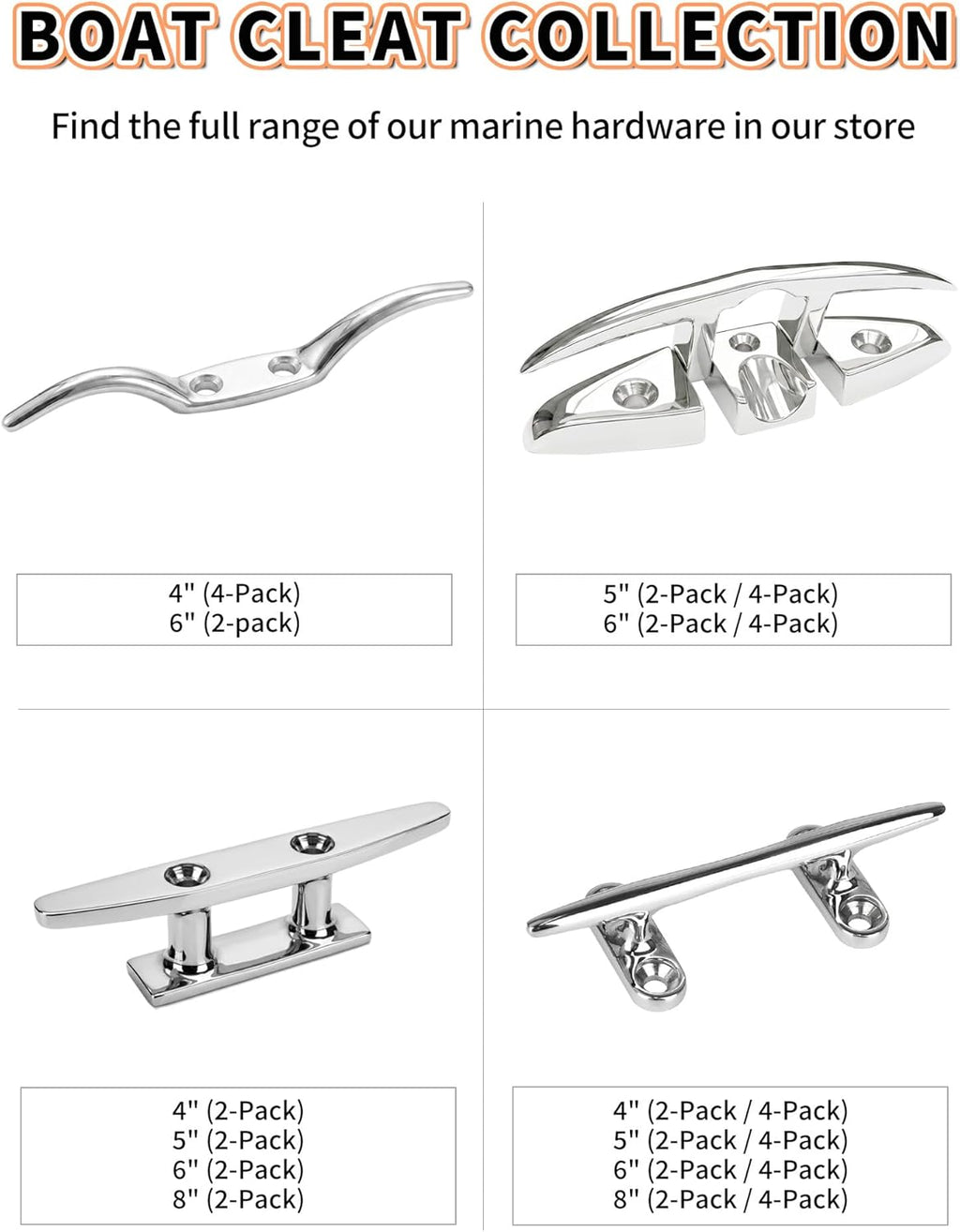 OULEME 4" 5" 6" 8" Boat Cleat, 316 Stainless Steel Open Base Dock Cleat, Marine Grade Rope Cleat with Fasteners for Deck Mooring and Nautical Decor, 2-Pack/4-Pack