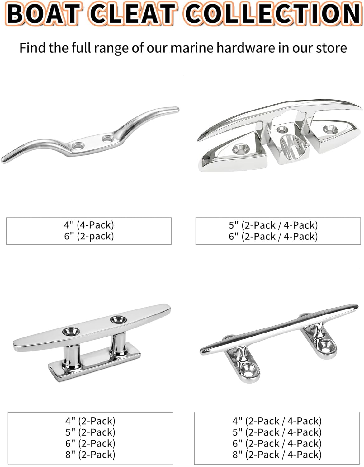 OULEME 4" 5" 6" 8" Boat Cleat, 316 Stainless Steel Open Base Dock Cleat, Marine Grade Rope Cleat with Fasteners for Deck Mooring and Nautical Decor, 2-Pack/4-Pack