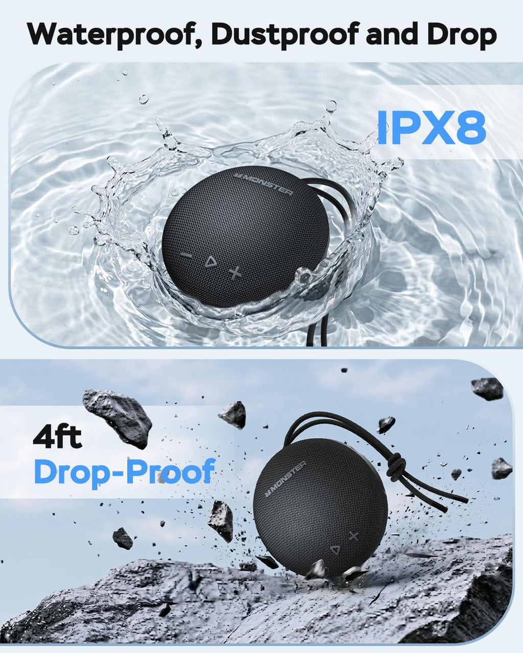 35W (peak) Monster Bluetooth Speaker, IPX8 Shower Speaker Waterproof, Bluetooth 5.4 with Loud HD Sound and Robust