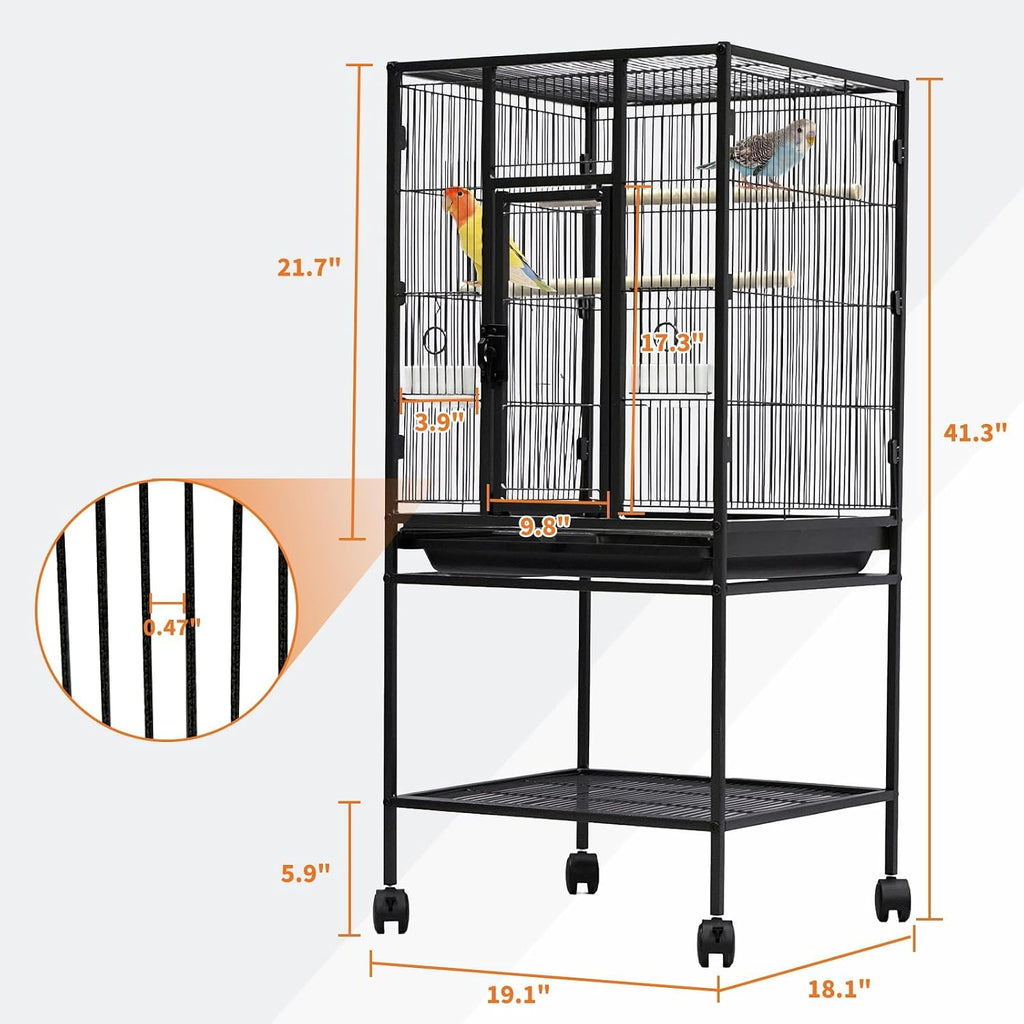 Spacious Flight Bird Cage with Rolling Stand & Storage Shelf - Durable Wrought Iron Parrot Home w/Play Top & Bowls