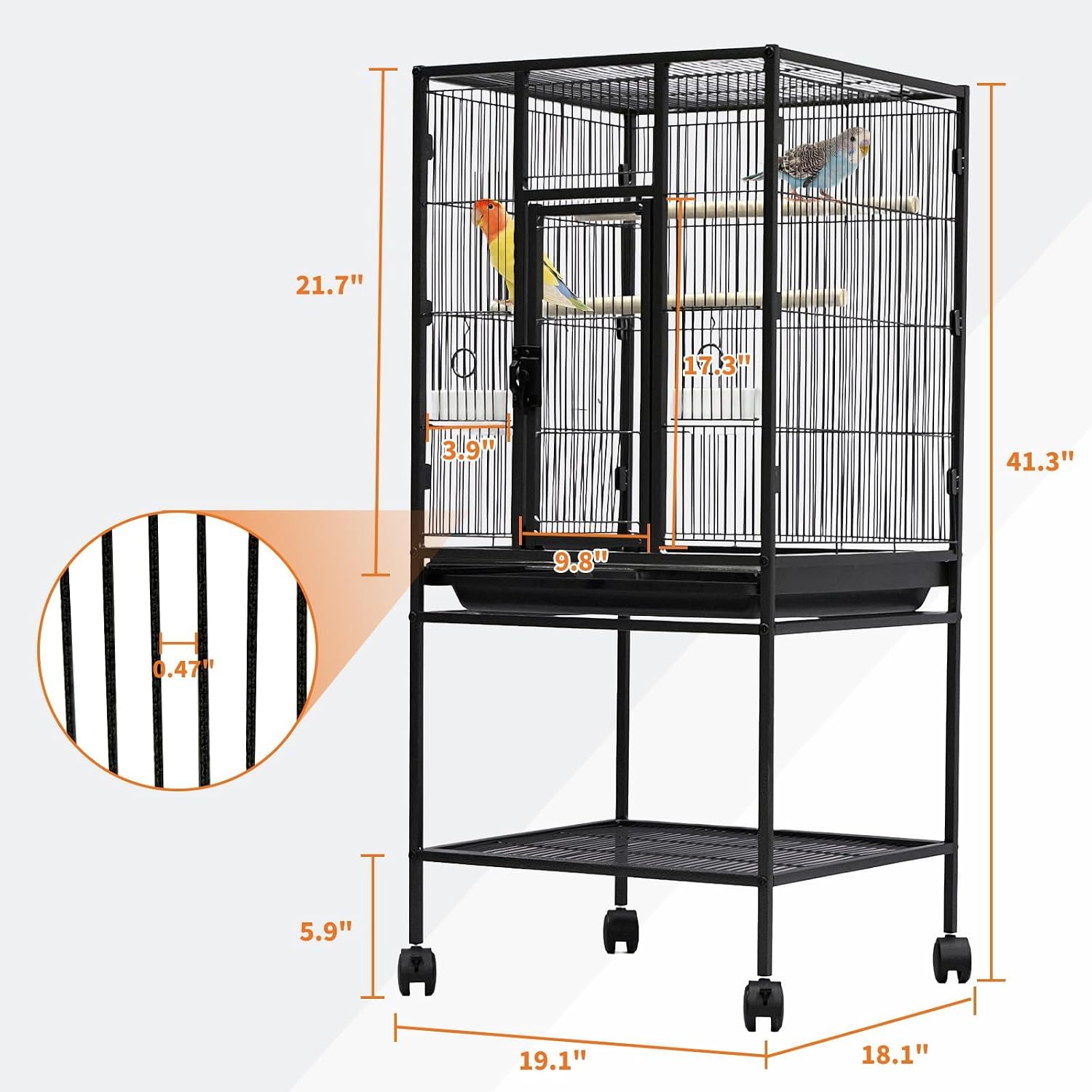 Spacious Flight Bird Cage with Rolling Stand & Storage Shelf - Durable Wrought Iron Parrot Home w/Play Top & Bowls