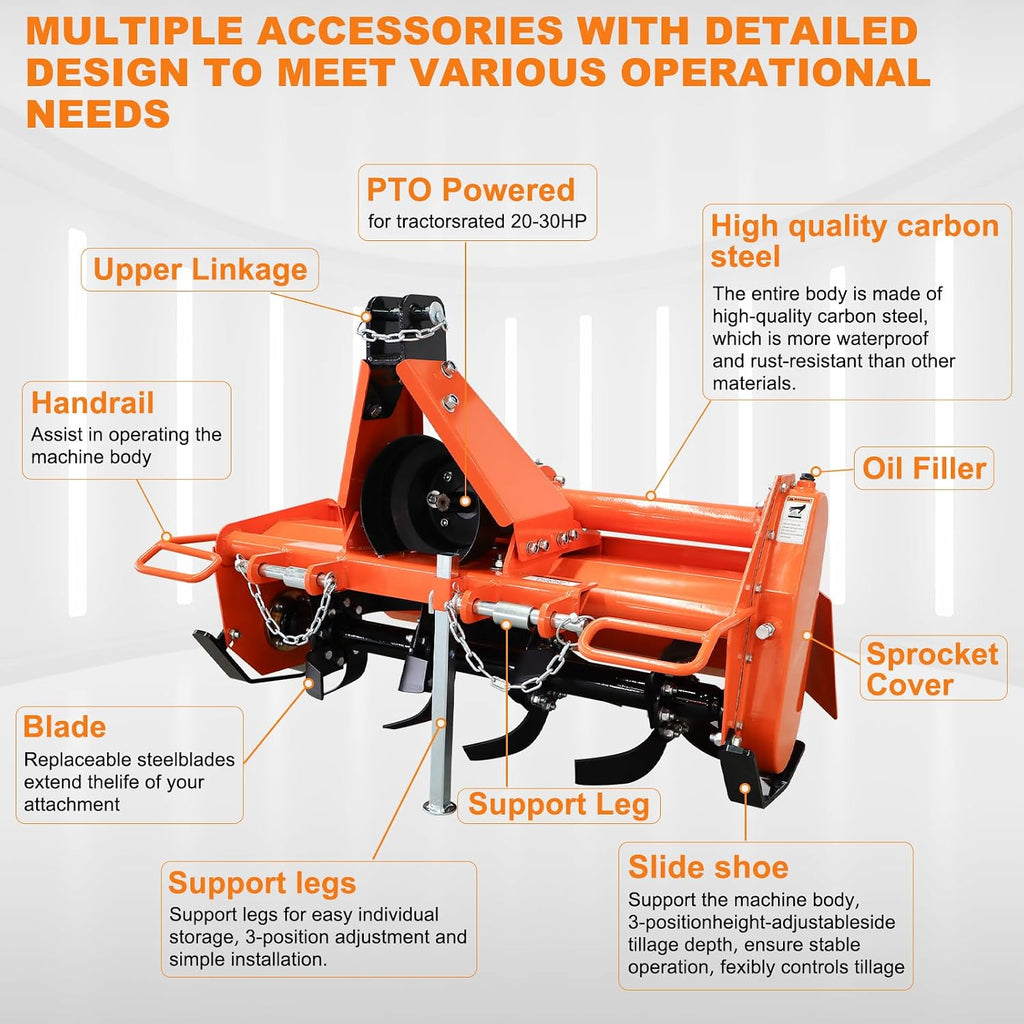 Heavy Duty 3 Point Hitch Rotary Tiller 4 FT 49 in, Tractor Tiller Work with 3 PT CAT I, Single Speed PTO Drive