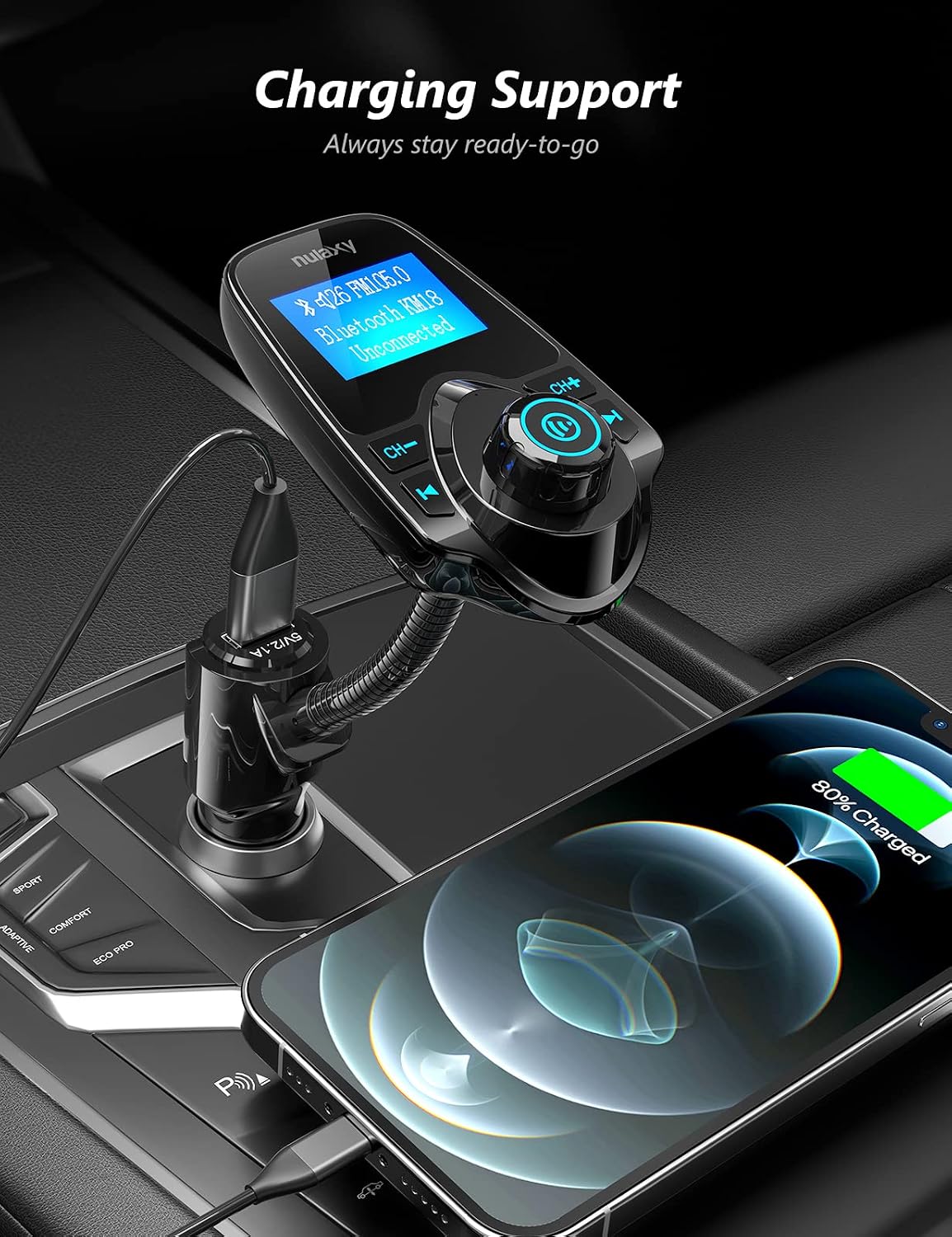 Bluetooth 5.4 Car Adapter FM Transmitter with 1.44" LCD Screen Black | Wireless FM Radio Player with Flexible