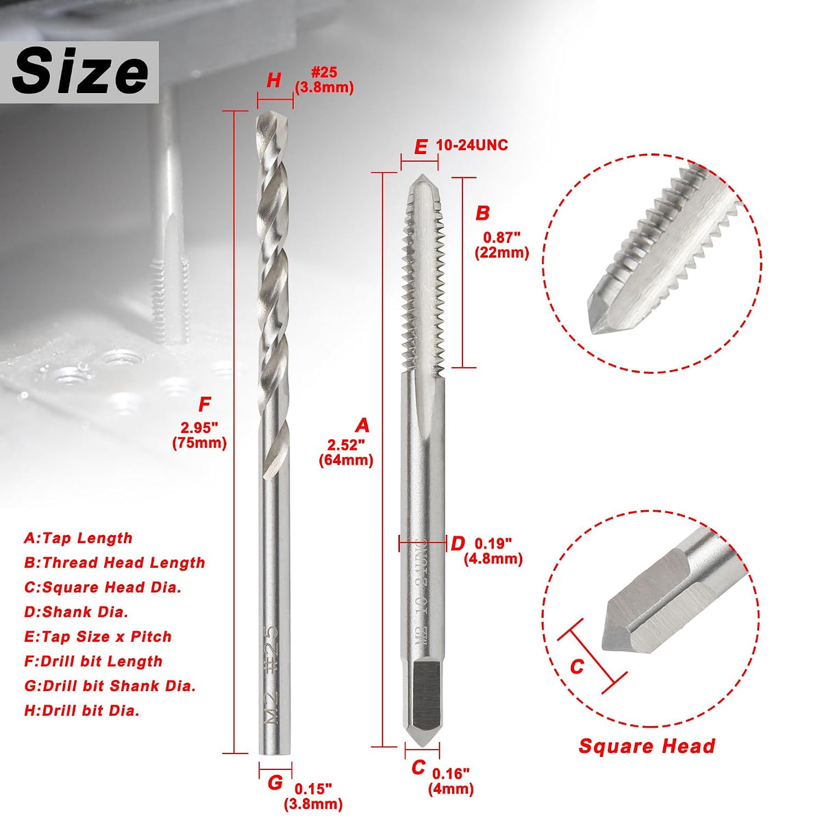 10-24 UNC Tap and #25 Drill Bit Set, M2 HSS Drill and Tap Set