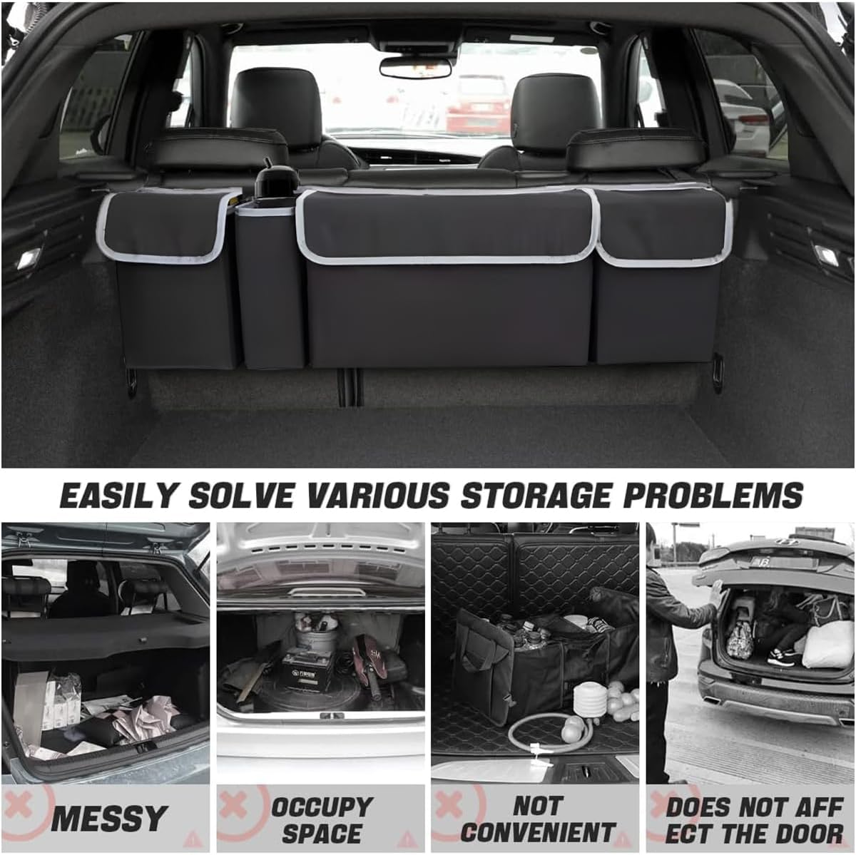Car Trunk Organizer, Backseat Hanging Large Storage with Adjustable Straps, Waterproof Collapsible Cargo Bag with 4