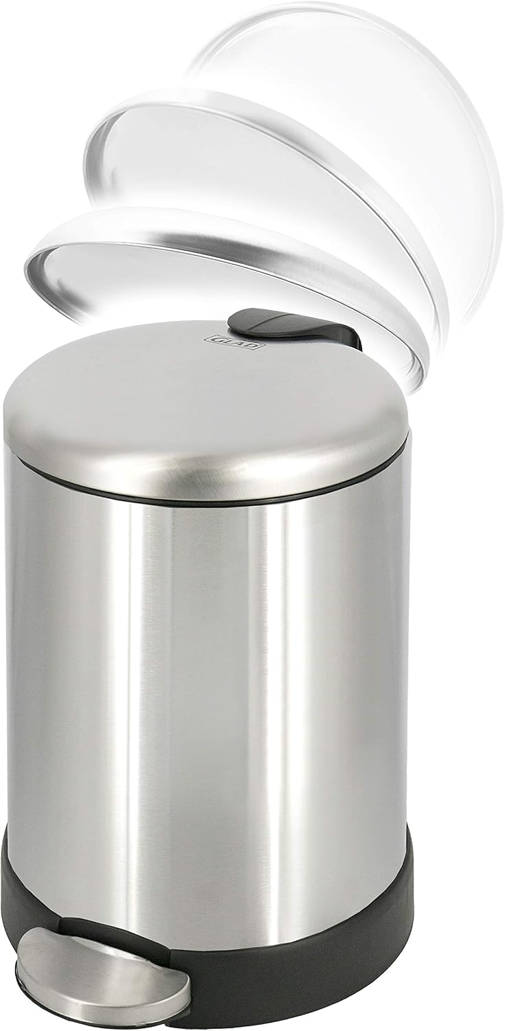 Small Trash Can, 1.2 Gallon | Round Stainless Steel Garbage Bin with Soft Close Lid & Step Foot Pedal | Metal Waste