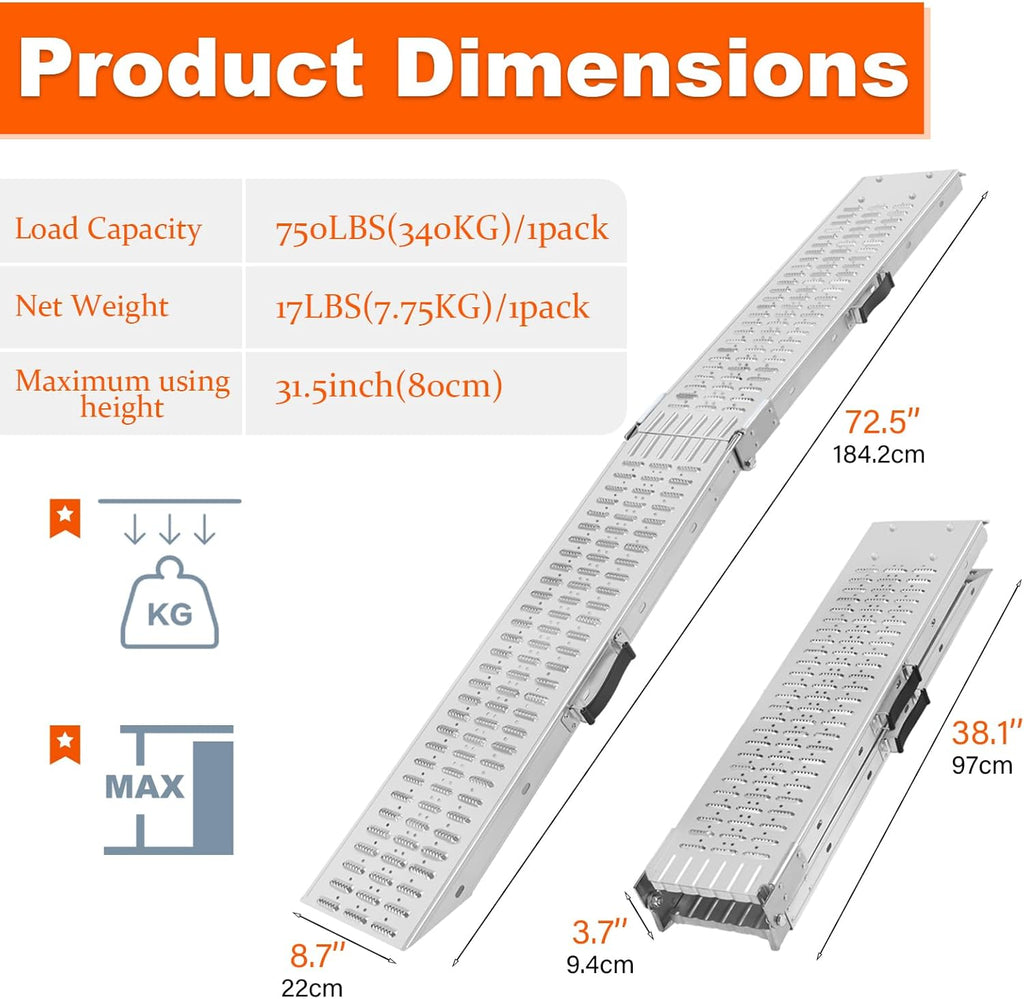 72.5" Heavy Duty Folding Loading Ramps, 1500lb Capacity, Ideal for Motorcycles, Lawn Mowers, ATVs, UTVs, and More –