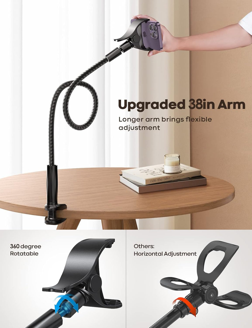 Gooseneck Phone Holder Bed - [Nylon Braided] Flexible Arm, 38inch Overall Length, 360 Adjustable Clamp Clip, Overhead