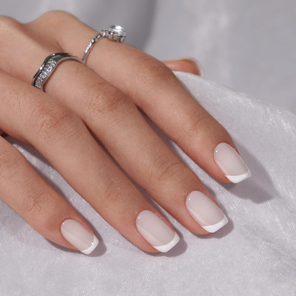 Press On Nails, French Tip Short Square Nails, 30Pcs Full Kit
