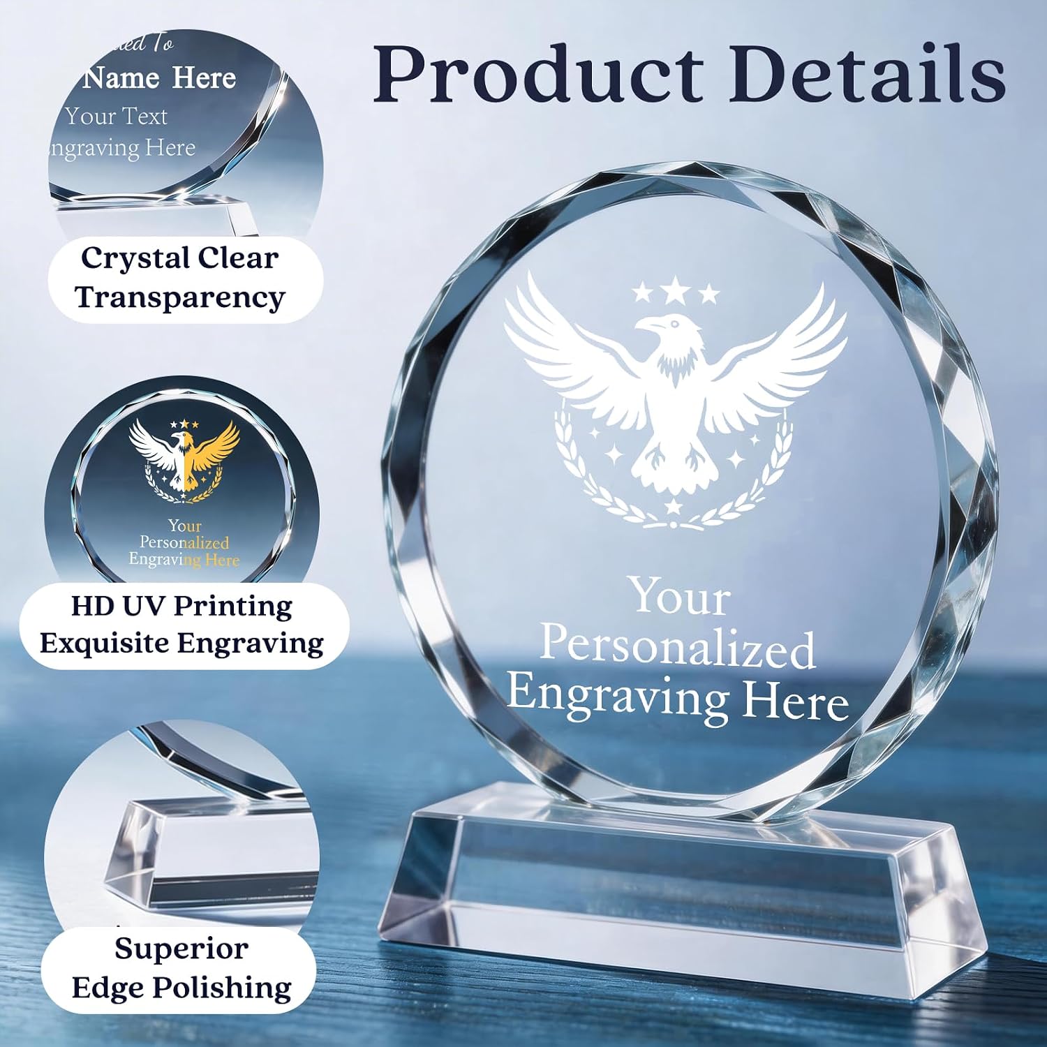 Custom Crystal Trophy Award, Personalized Awards and Trophies, Plaque Engraved w/Logo Text, Employee Recognition