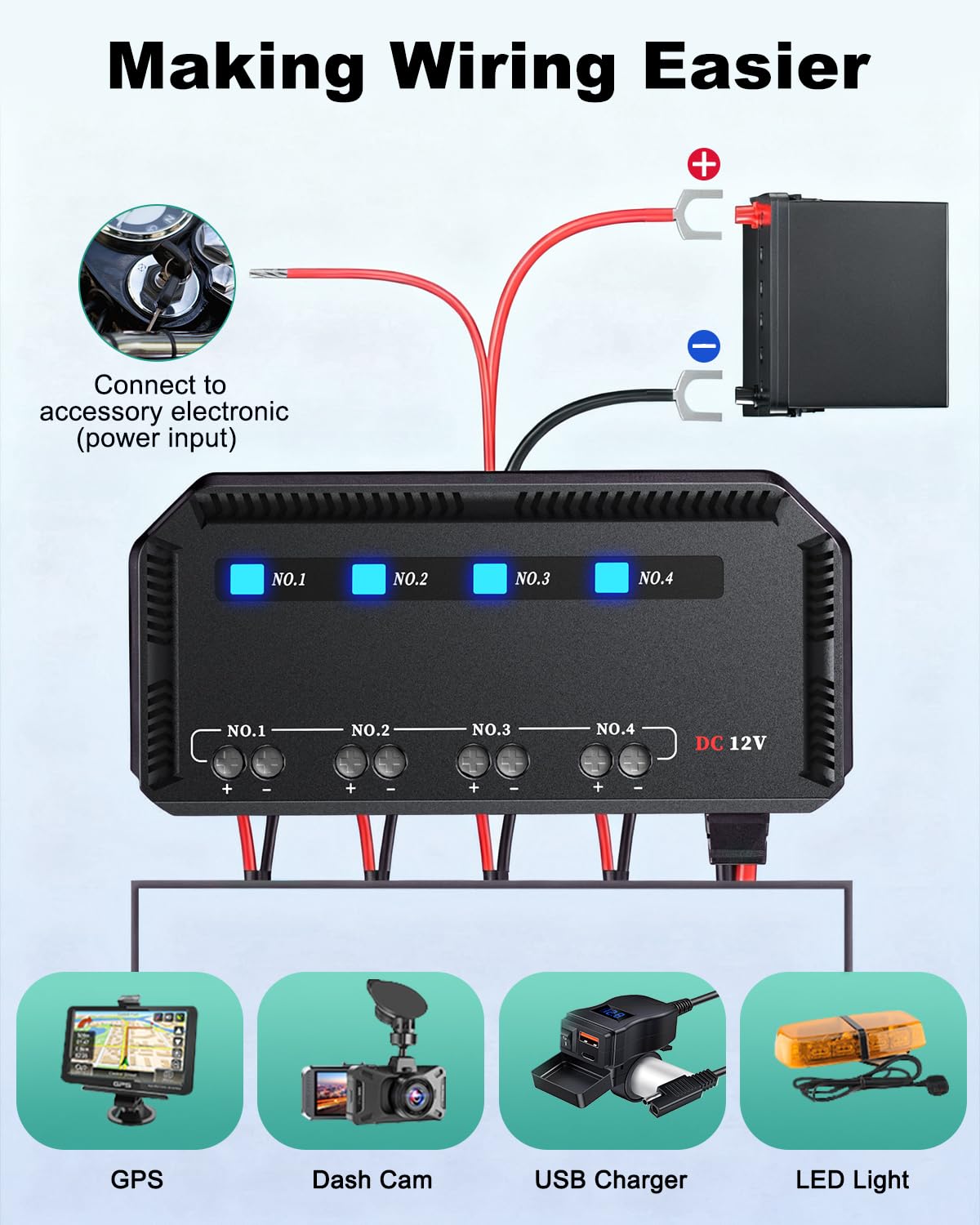 12V Fuse Block, 20A Motorcycle Fuse Relay Box Kit with LED Warning Indicator 4 Circuits, Motorcycle Fuse Box Holder