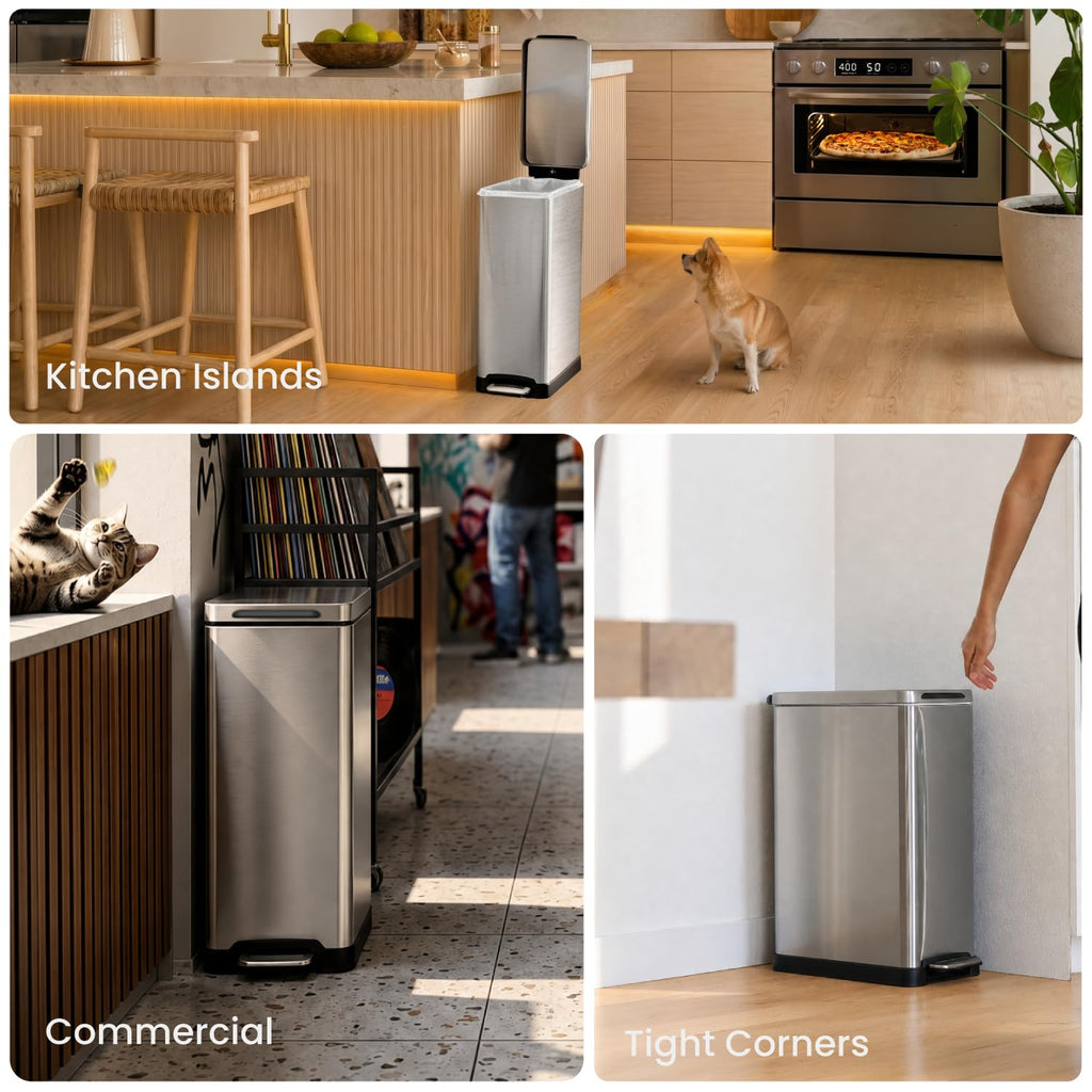12 Gallon Kitchen Trash Can with Slim Fit Design | Stainless Steel with Soft-Close Step Pedal Lid, Bag Tuck Band for