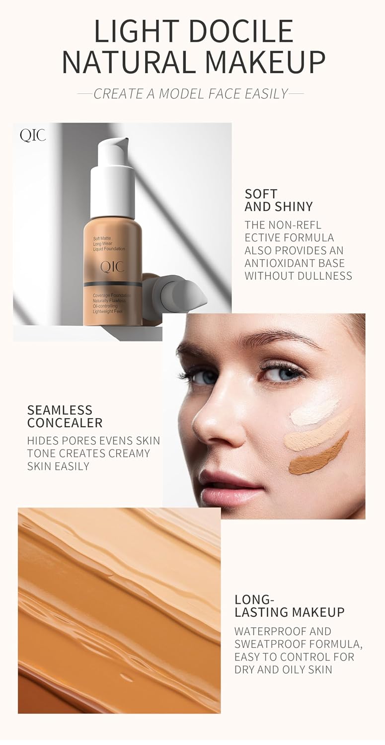 QIC Waterproof Matte Concealer BB Liquid Foundation Cream - Oil Control Hydrating Foundation（102# Nude）