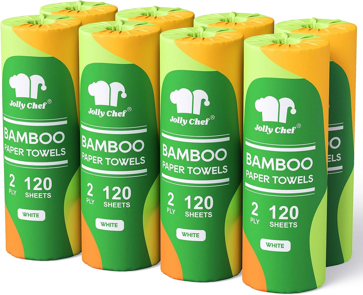 Bamboo Paper Towels, White, 8 Rolls, 2 Ply, 120 Sheets