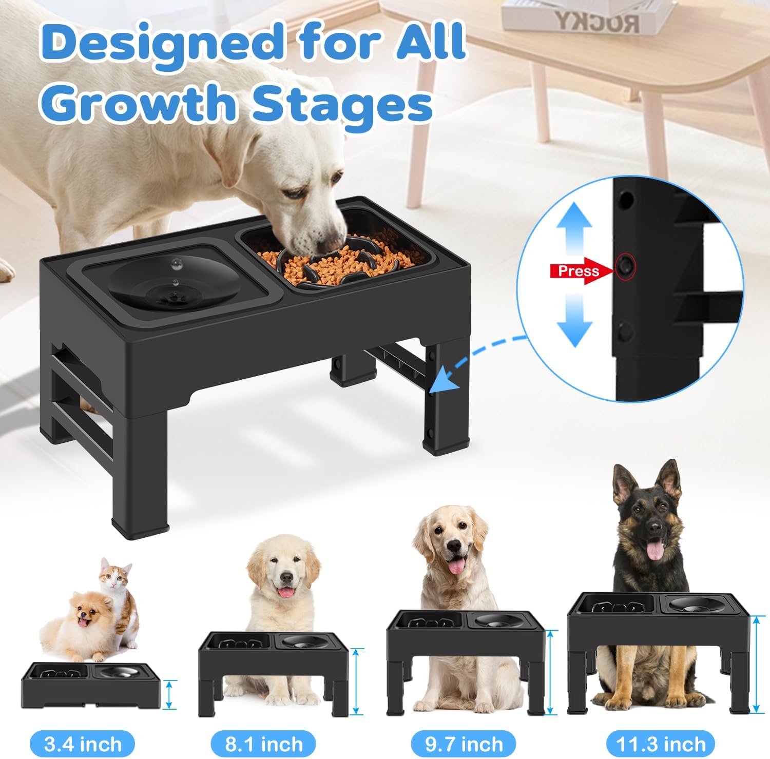 2-in-1 Elevated Slow Feeder Dog Bowls, 4 Height Adjustable Raised Dog Bowls Stand with No Spill Water Bowl, Non-Skid