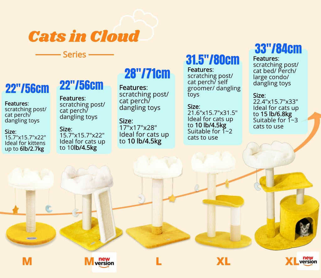 Cat Tree, Cloud Cat Tower with Soft Bed, Cat Scratching Post & Pad with Larger Perch for Window Viewing, Small Cat