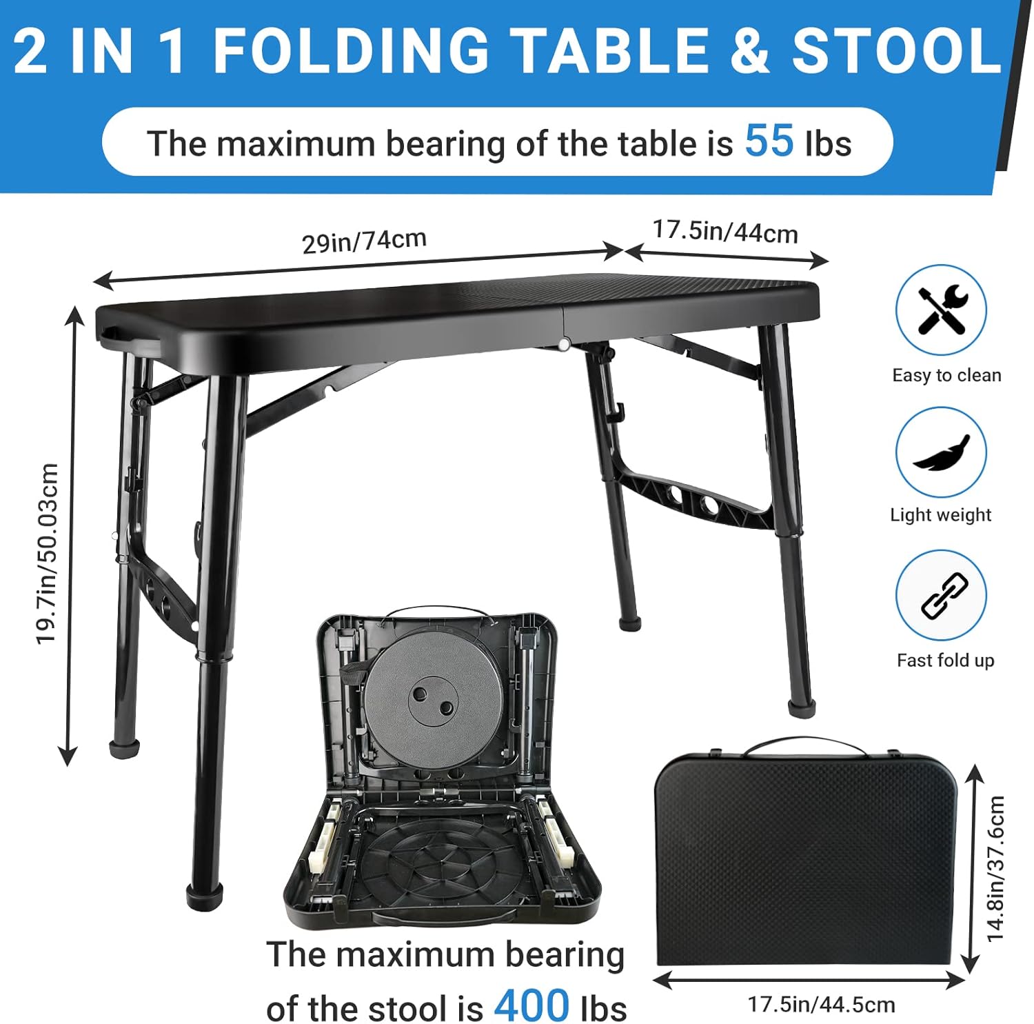 Portable Folding Table and Stool Set, Lightweight Foldable Table & Collapsible Stool for Camping Picnic Beach