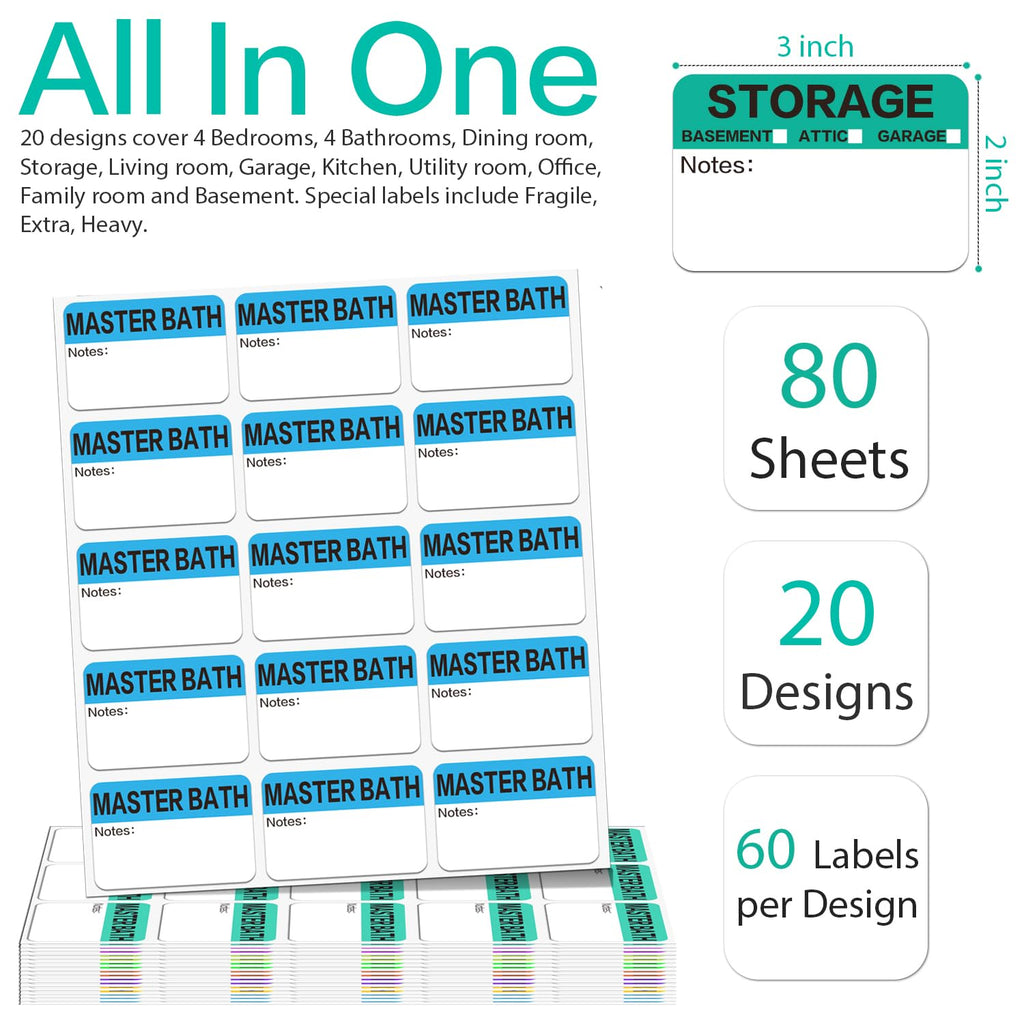 Moving Packing Box Labels for 3-4 Bedroom, 20-Color Coded Moving Stickers