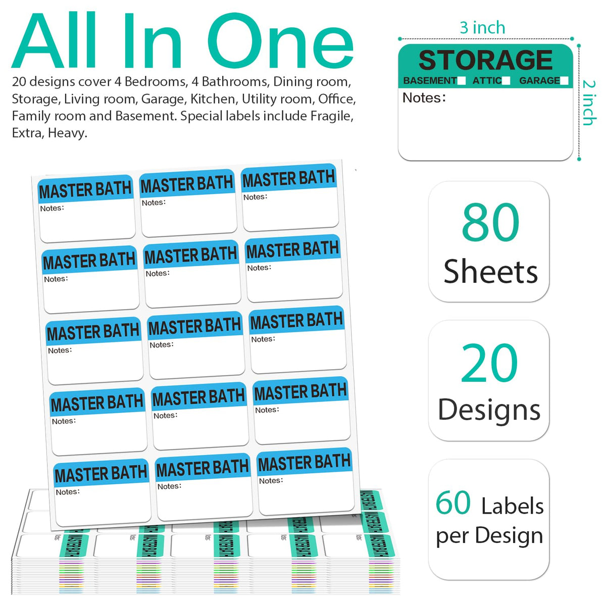 Moving Packing Box Labels for 3-4 Bedroom, 20-Color Coded Moving Stickers
