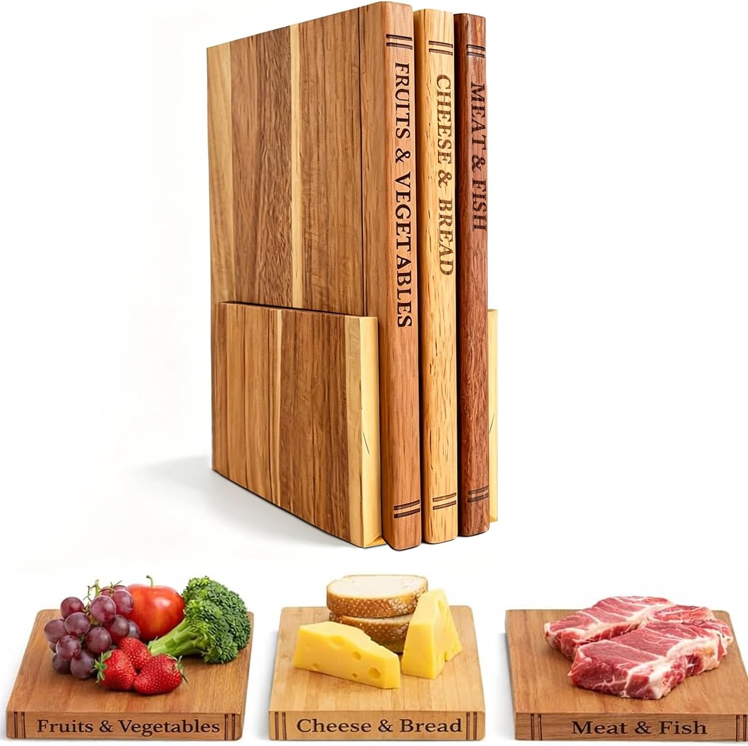 Book Cutting Board Set - Food Safe, Non-Slip Chopping Boards for Kitchen Organization and Stylish Serving,Acacia Wood