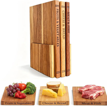 Book Cutting Board Set - Food Safe, Non-Slip Chopping Boards for Kitchen Organization and Stylish Serving,Acacia Wood