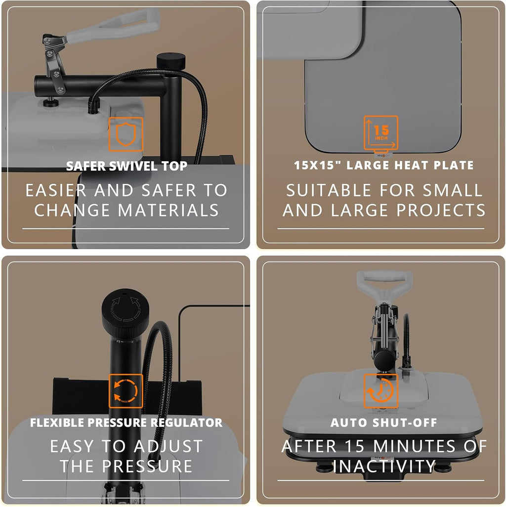Heat Press Machine for T Shirts - Heat Press 15x15 for Sublimation | DTF, HTV Vinyl Projects| Swing Away Heat Press