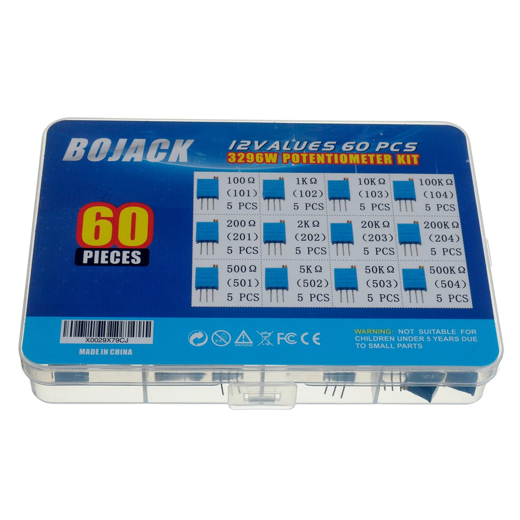 BOJACK 12 Values 60 pcs Variable Resistor 100 to 500K ohm 3296W Multiturn Trimmer Potentiometer Assortment Kit