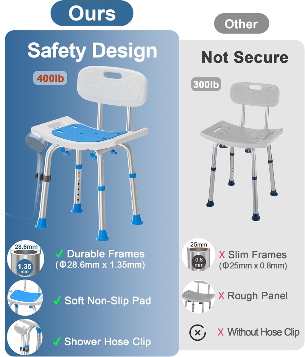 Shower Chair for Inside Shower with Removable Back, 400 lbs Heavy Duty Bath Seat for Bathtub, Safety Bath Stool for