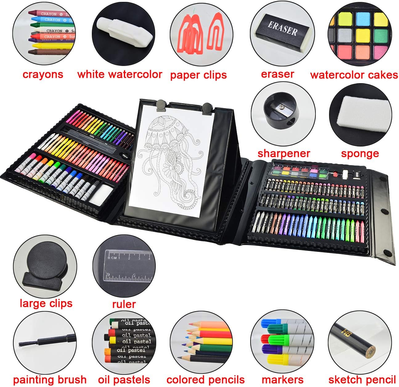185 Pieces Double Sided Trifold Easel Art Set, Drawing Art Box with Oil Pastels, Crayons, Colored Pencils, Markers
