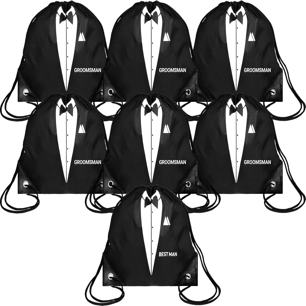 7 Pack Groomsmen Gift Bags Drawstring, 9x9.9 Black Tuxedo Print