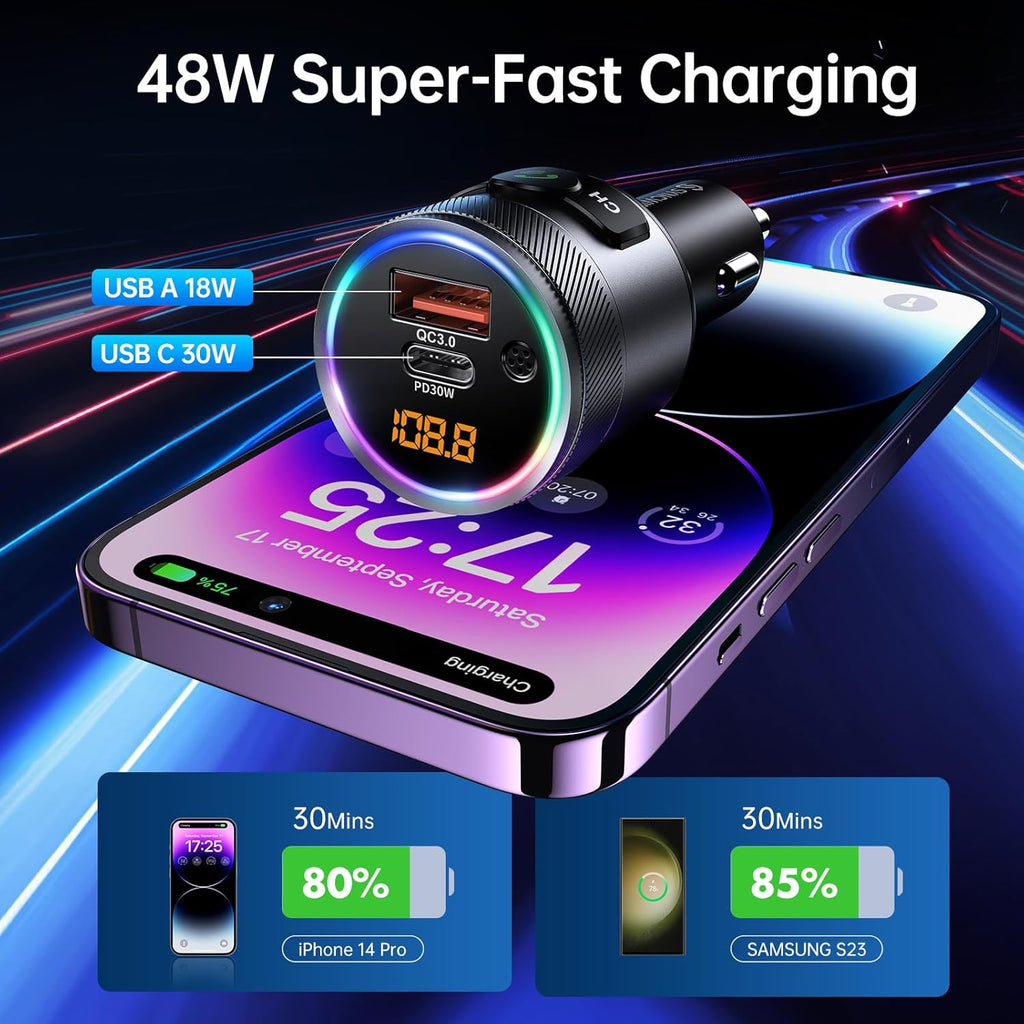 Bluetooth 5.4 FM Transmitter for Car, 38W PD&QC3.0 Dual USB Charging Bluetooth Car Adapter Microphone & Bass Sound