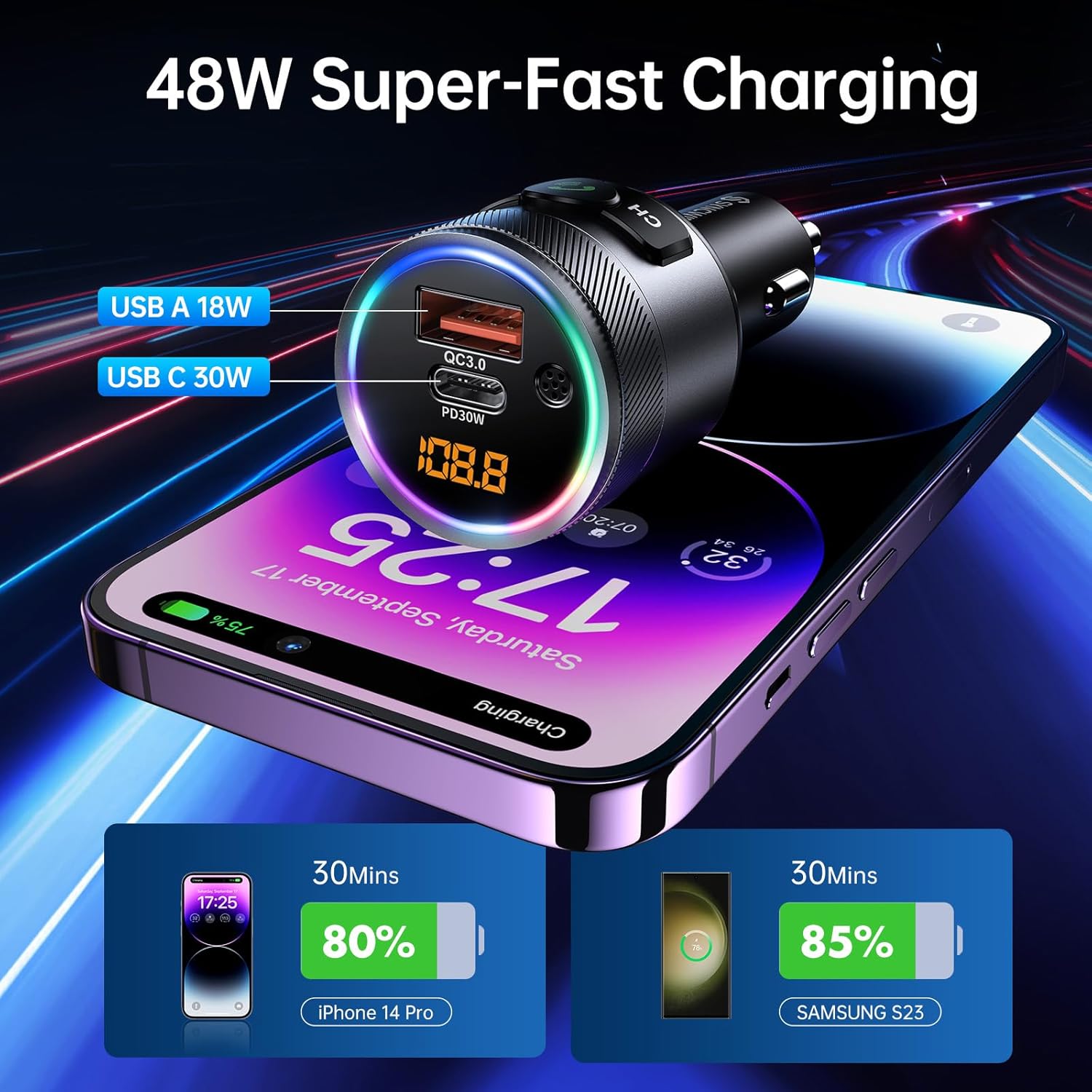 Bluetooth 5.4 FM Transmitter for Car, 38W PD&QC3.0 Dual USB Charging Bluetooth Car Adapter Microphone & Bass Sound