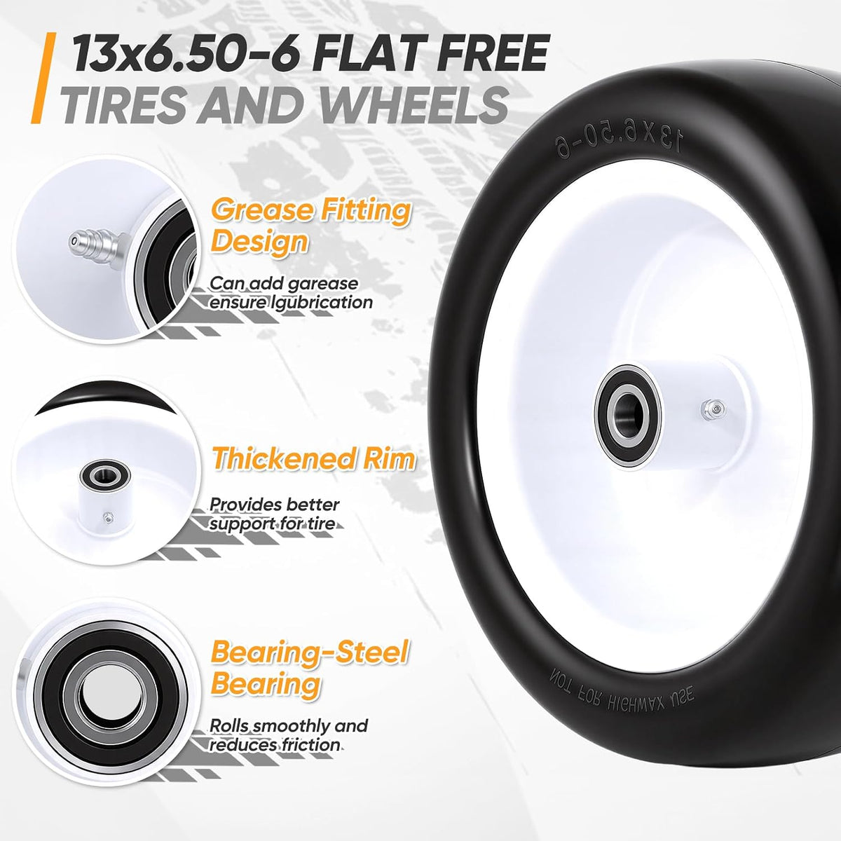 13x6.50-6 Flat Free Lawn Mower Tires and Wheels, 1/2" 3/4" 5/8" Ball Bearings, 13x6.5x6 Zero Turn Mower Front Tires