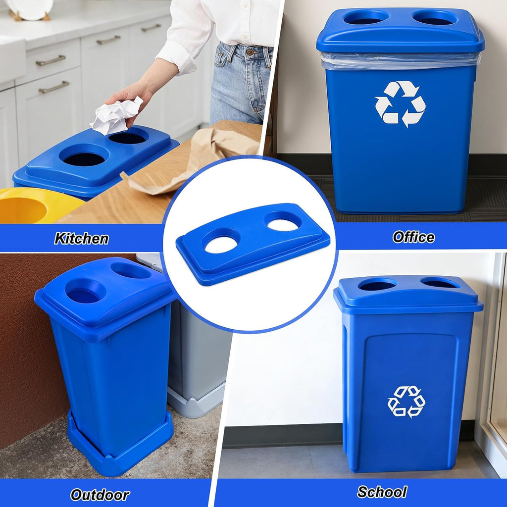 2 Pcs Recycle Bin Lids Each with Two Bottles & Cans Openings Plastic Blue Fit 23 Gallon Slim Trash Can for Waste
