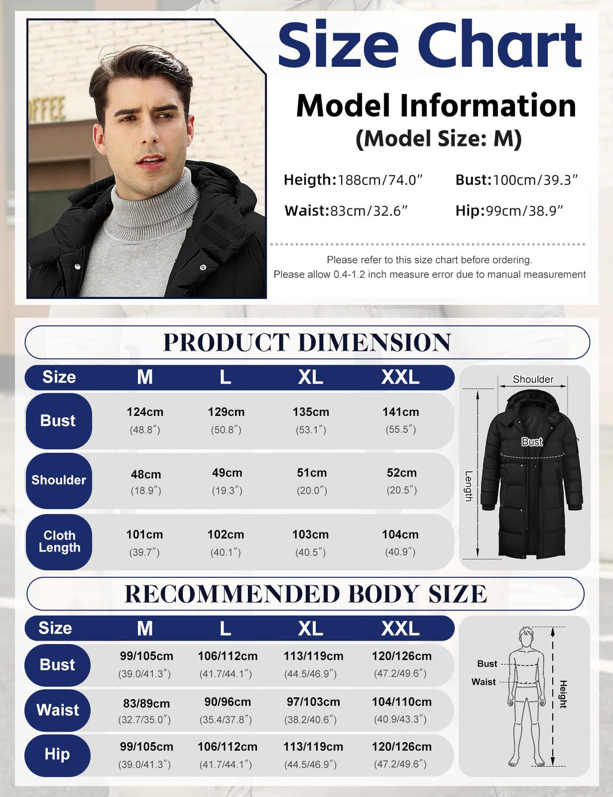 Men's Long Puffer Coat Hooded Quilted Water-Resistant Jacket
