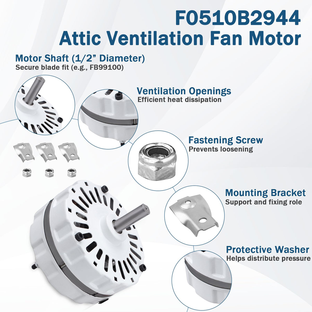 F0510B2944 Attic Ventilation Fan Motor & FB99100 12" Attic Fan Blade Propeller Replacement for Lomanco 2000/1800 Series F0510B2497 A0416B2059 3.4 Amp 1100 RPM 115V 5-Blade 32 Degree for 1/2" Shaft