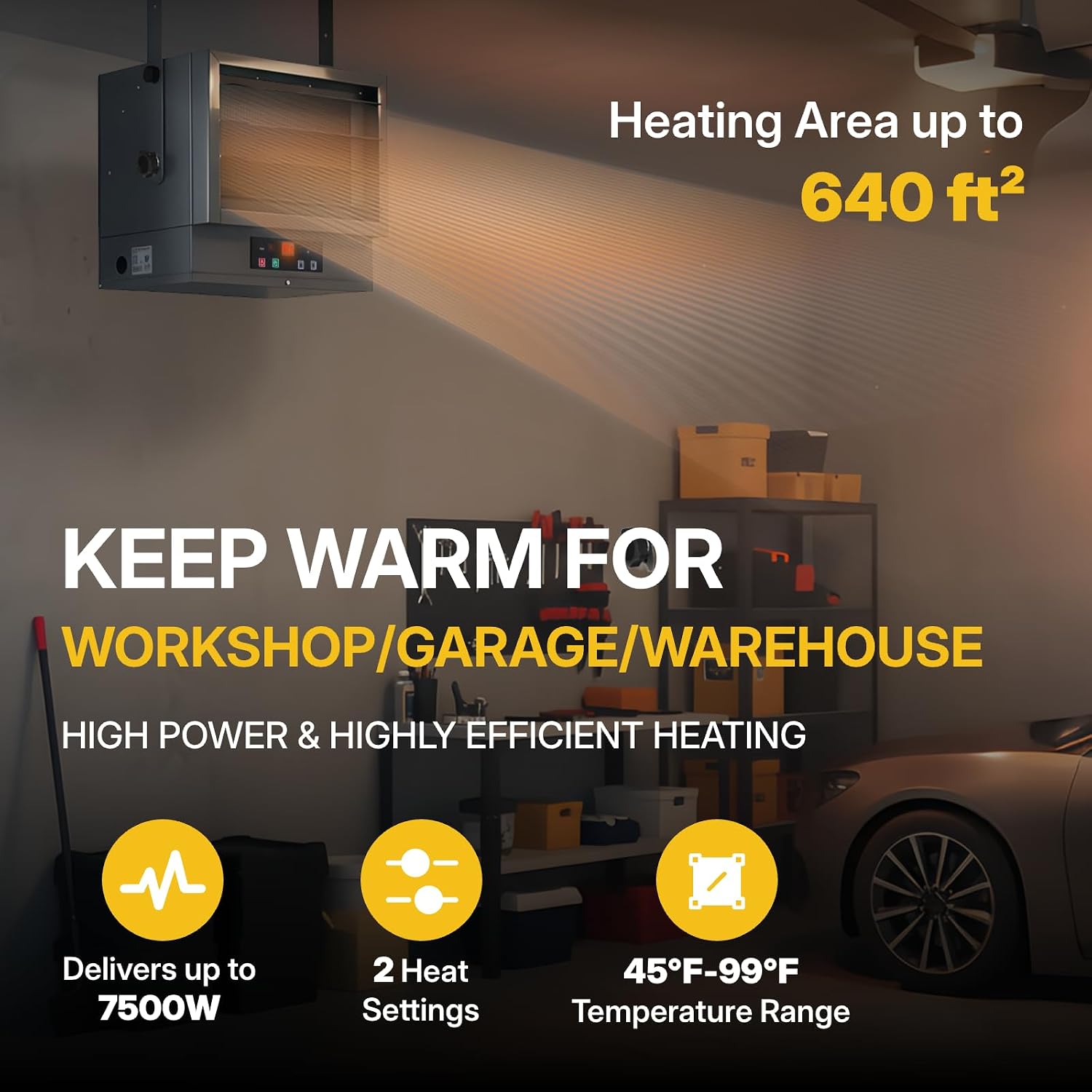 Garage Heater 7500W Electric Fan-forced Heater - Wall/Ceiling Mount, Smart Temperature Control, Overheat Protection