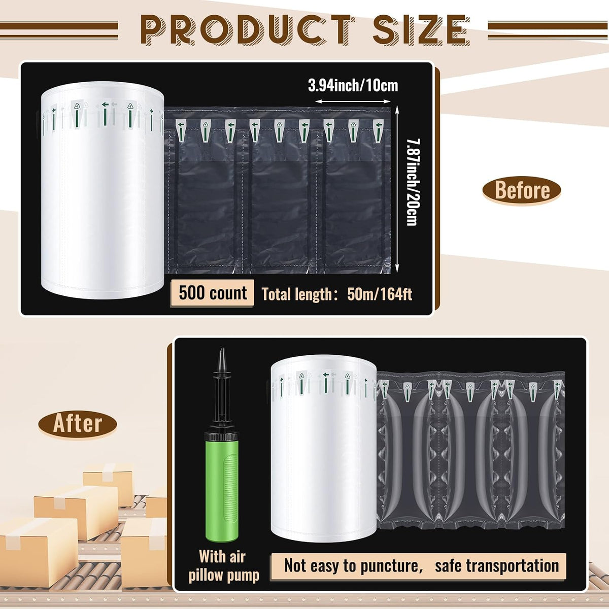 500 Count Air Pillows for Shipping with Hand Pump, 4" x 8"