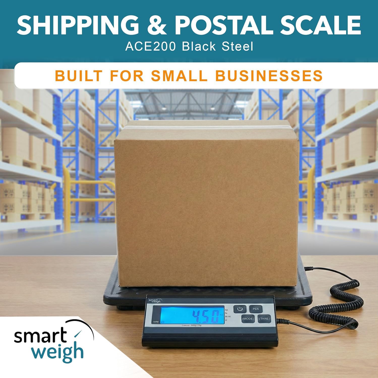 Digital Postal Shipping Scale, 440 lb Capacity, 1 oz Readability, Tare Function, Battery or USB-C Power, Corded