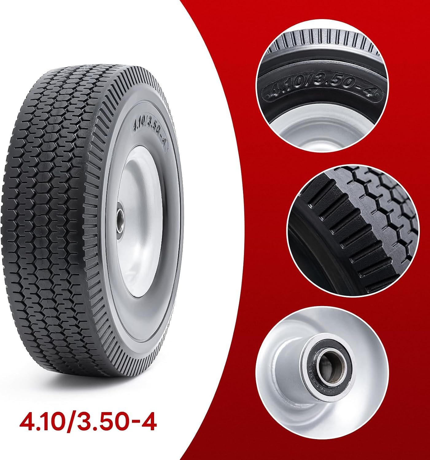 10” Flat Free Tires, 4.10/3.50-4” Solid Tires and Wheels with 5/8” Axle Bore Hole and Double Sealed Bearings