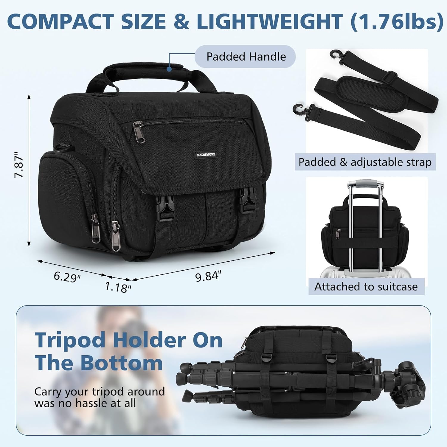 Camera Bag, DSLR/SLR/Mirrorless Camera Sling Bag for Photographers Waterproof Small Camera Case with Tripod Holder &