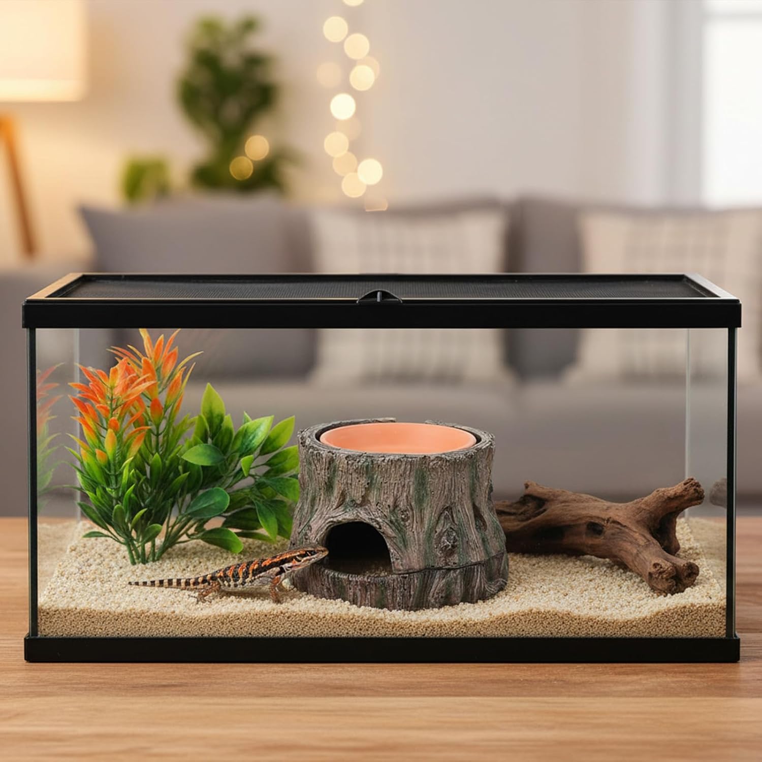 3 in 1 Reptile Hide Cave with Detachable Base & Humidity Dish, Essential Terrarium Decor for Crested Gecko, Leopard