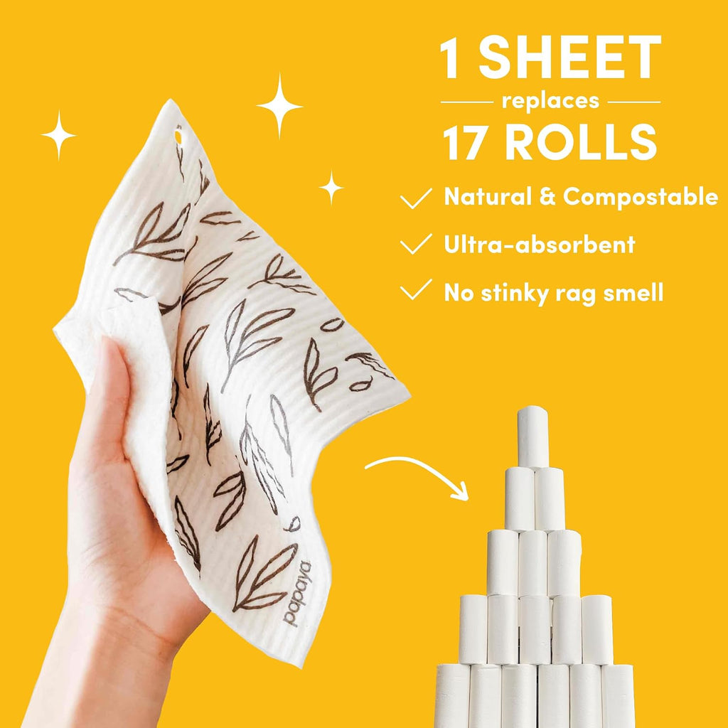 Swedish Dishcloths for Kitchen, 4 Reusable Paper Towels, 2 Hooks