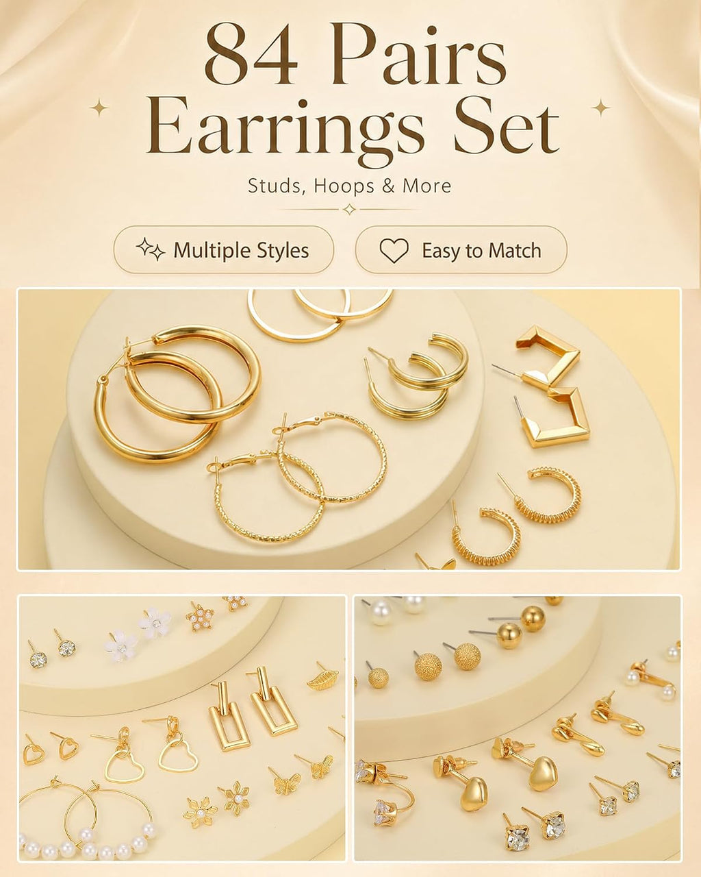 84 Pairs Gold Stud Earrings Set for Women Multipack, Fashion Pearl Cubic Zirconia Butterfly Earrings Packs Piercings