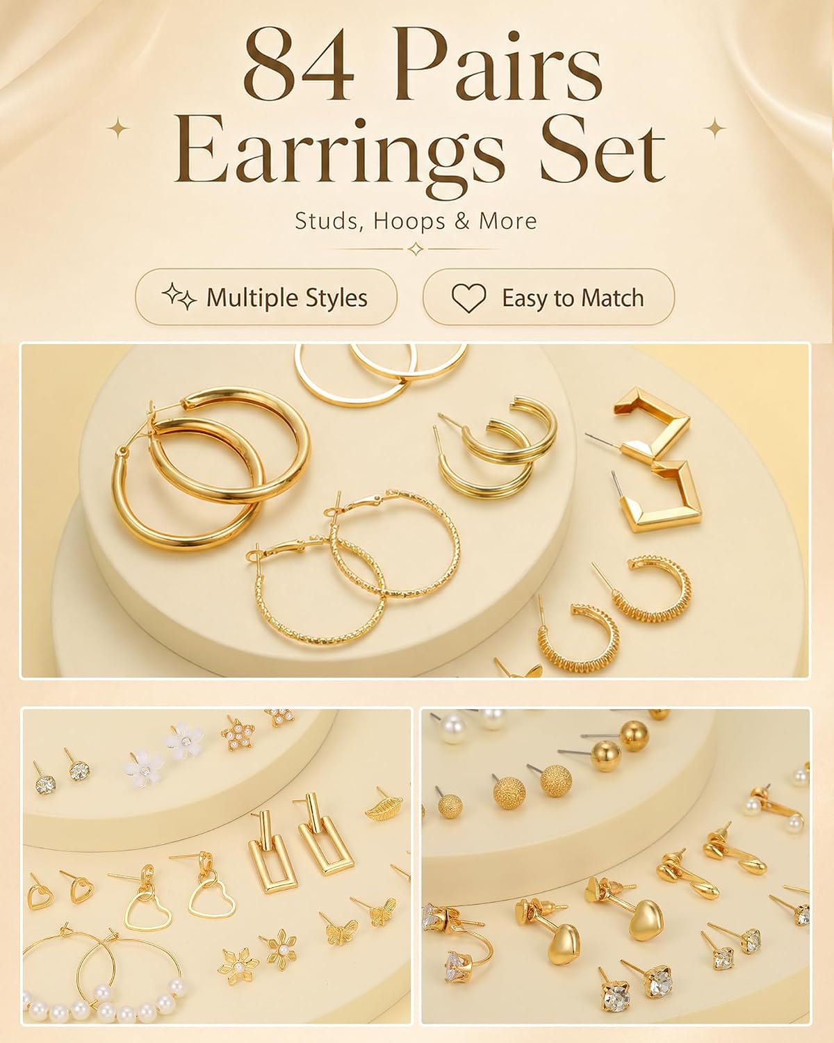 84 Pairs Gold Stud Earrings Set for Women Multipack, Fashion Pearl Cubic Zirconia Butterfly Earrings Packs Piercings
