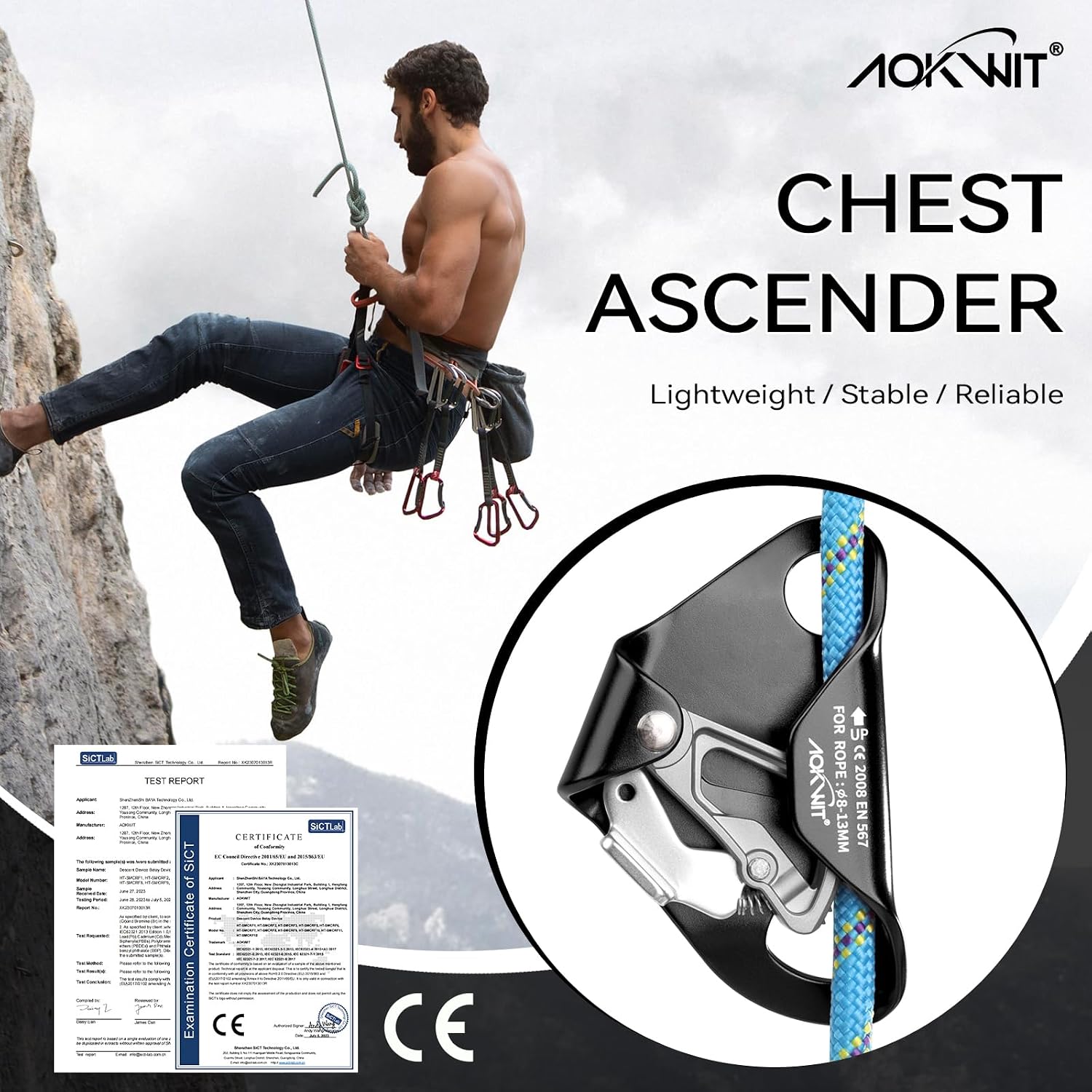 Chest Ascender Tree Climbing Gear Rope Grab High-Strength Aluminum Alloy Rappelling Equipment CE Certified for Rock