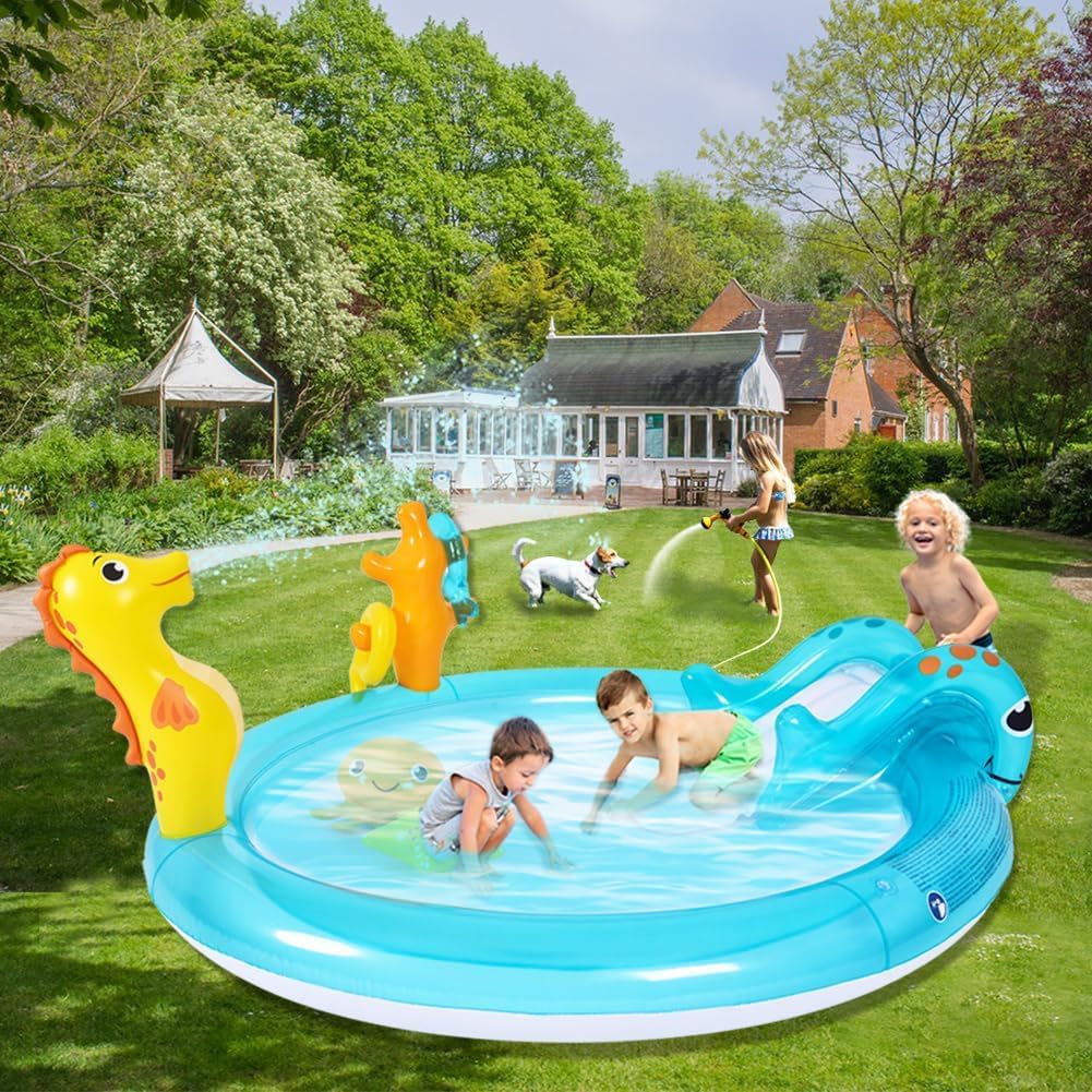 Sea Animal Inflatable Kids Pool with Slide and Sprinkler, Inflatable Play Center with Rings & Animal Figures